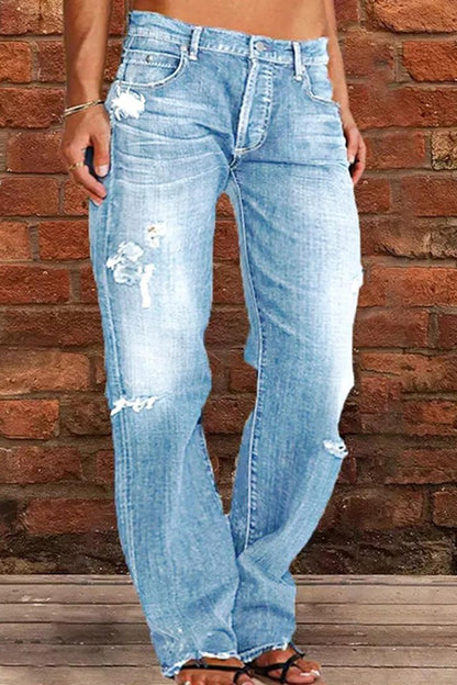 Pantalon droit décontracté déchiré taille mi-haute pour femme