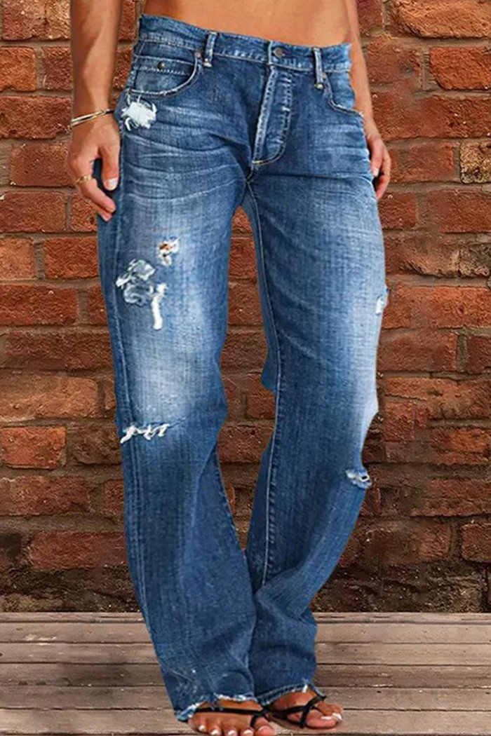 Women's Mid-rise Ripped Casual Straight Pants - Seldom Seen Styles