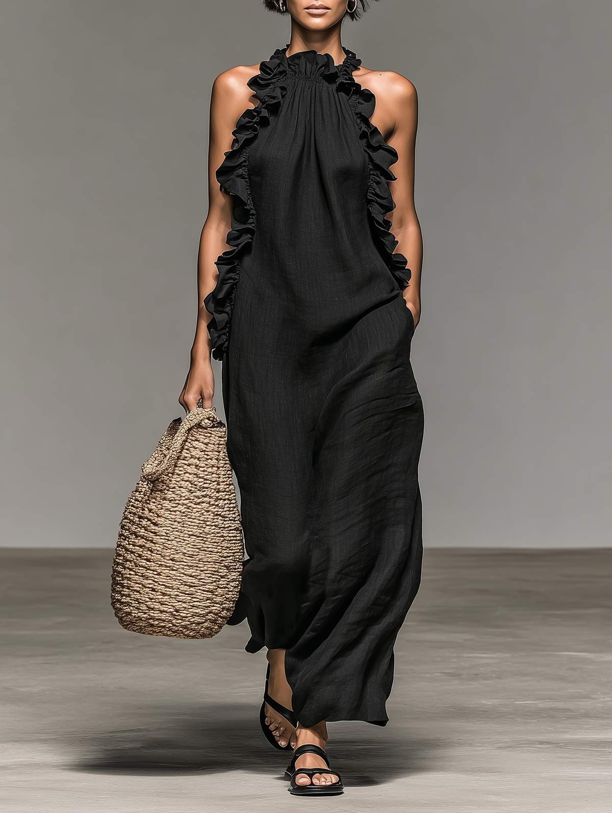 Women's Minimalist Linen-blend Sleeveless Maxi Dress With Ruffle Details MDZ1622A0Y - Seldom Seen Styles