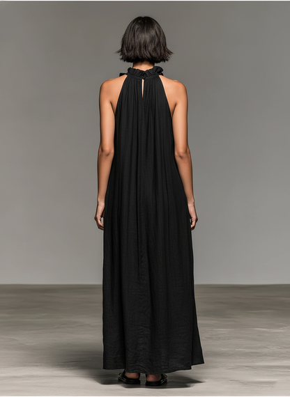 Robe longue sans manches en lin mélangé minimaliste pour femme avec détails à volants MDZ1622A0Y