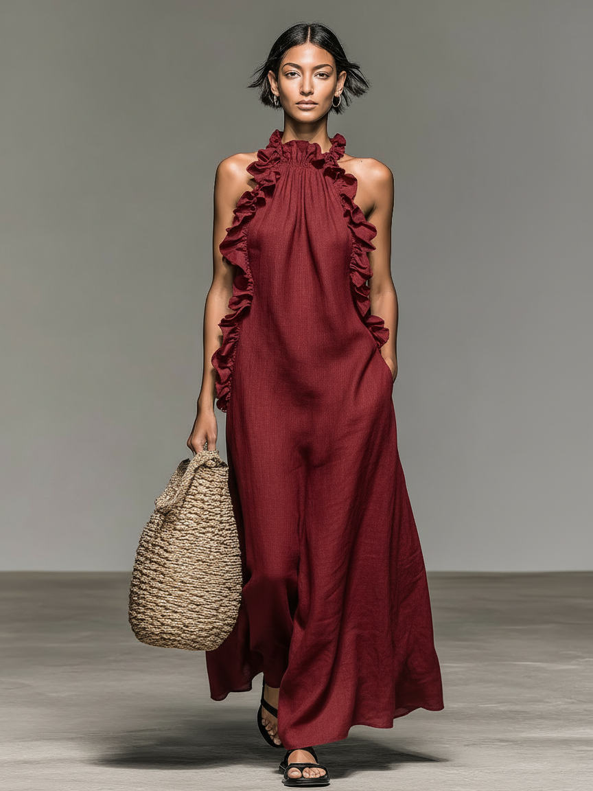 Women's Minimalist Linen-blend Sleeveless Maxi Dress With Ruffle Details MDZ1622A0Y - Seldom Seen Styles