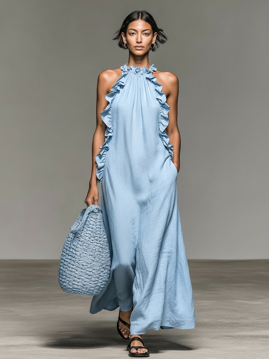 Women's Minimalist Linen-blend Sleeveless Maxi Dress With Ruffle Details MDZ1622A0Y - Seldom Seen Styles