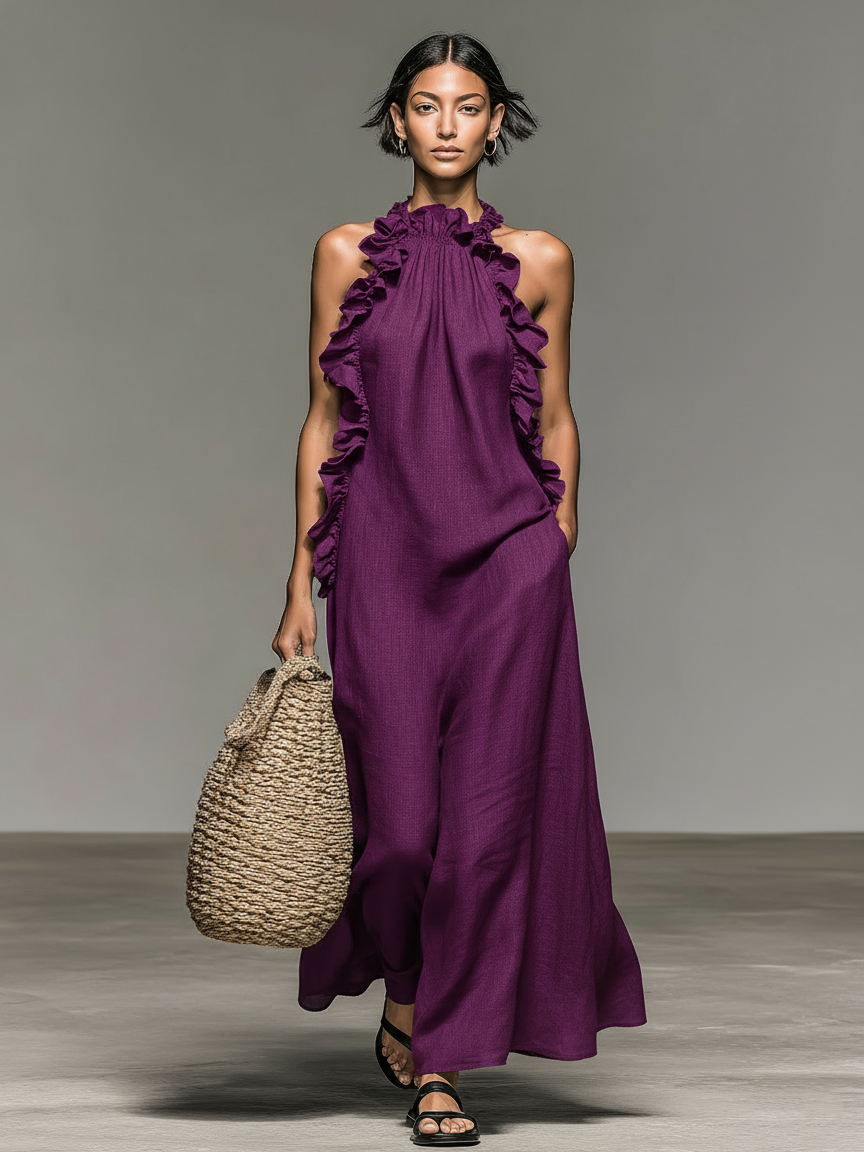 Women's Minimalist Linen-blend Sleeveless Maxi Dress With Ruffle Details MDZ1622A0Y - Seldom Seen Styles