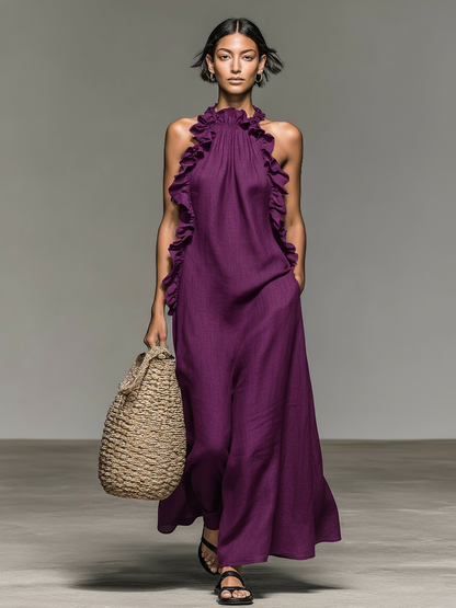 Robe longue sans manches en lin mélangé minimaliste pour femme avec détails à volants MDZ1622A0Y