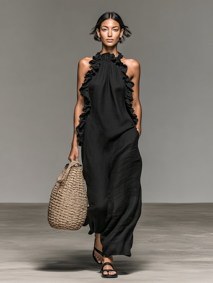 Robe longue sans manches en lin mélangé minimaliste pour femme avec détails à volants MDZ1622A0Y