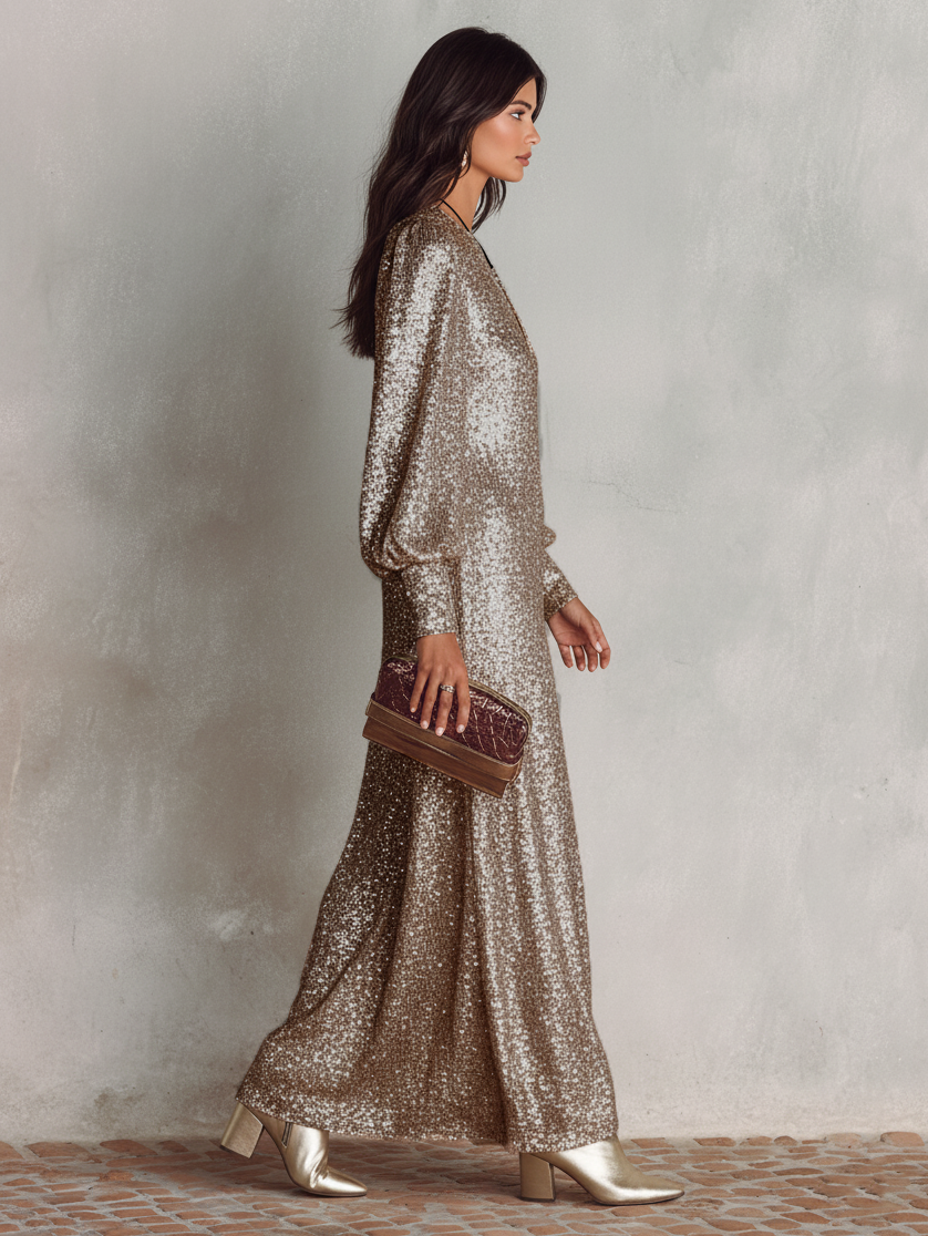 Women's Minimalist Loose Shimmering V-neck Maxi Party Dress MDA1819I0Y - Seldom Seen Styles