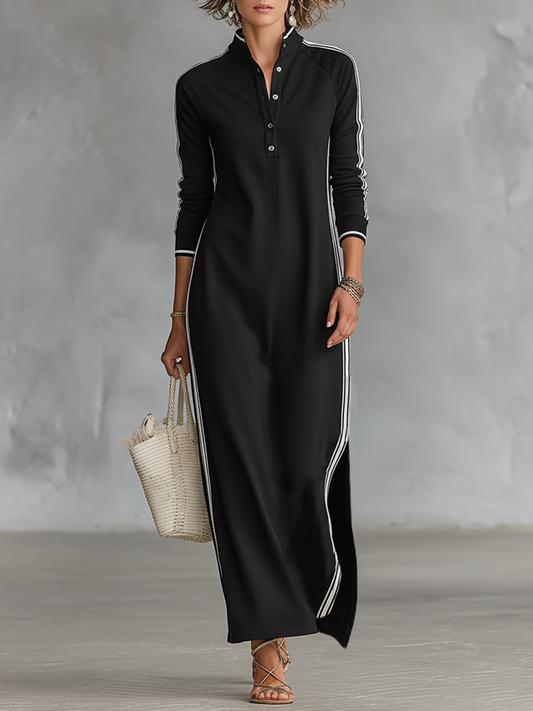 Women's Minimalist White-trimmed Button-down Collar Sweatshirt Dress Maxi Dress MDA0958L0Y - Seldom Seen Styles