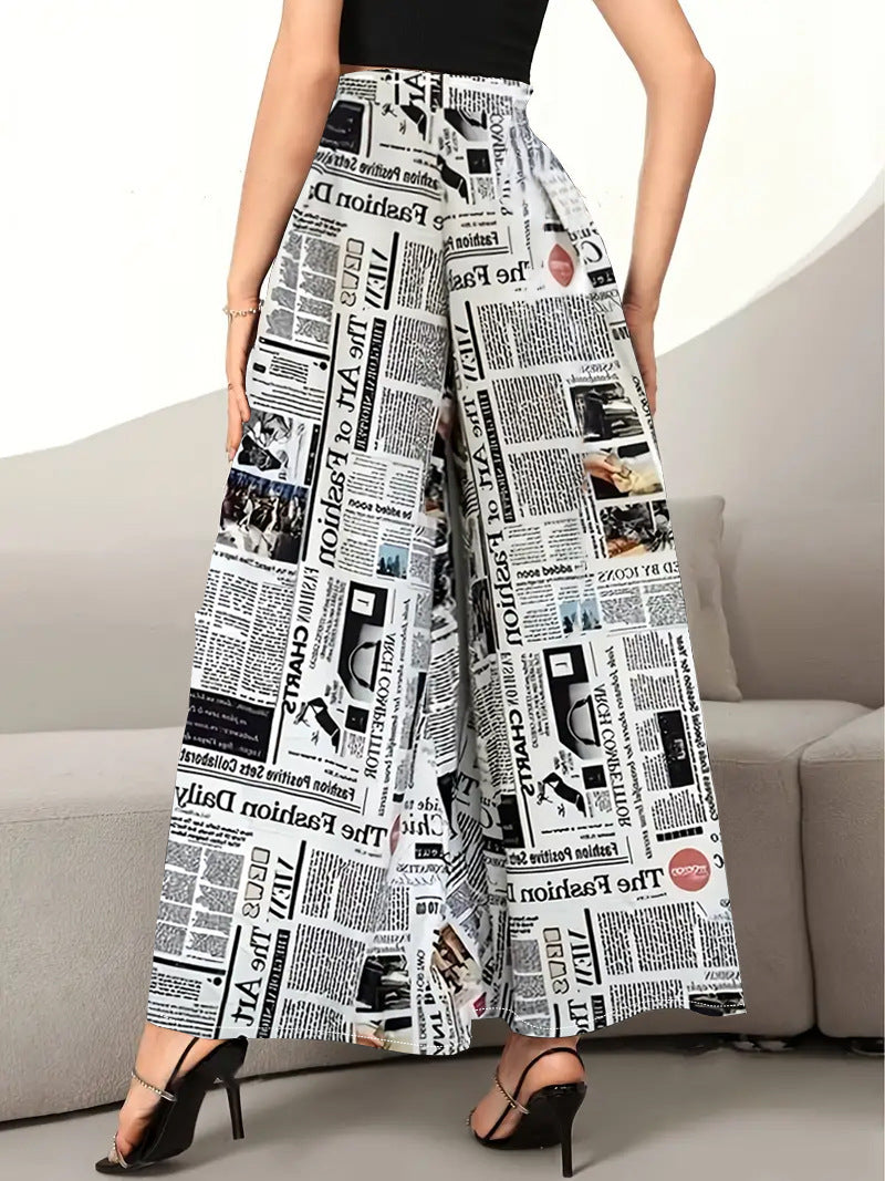 Women's Newspaper Print Wide Leg Pants Elastic Waist Loose Funky Letter Print Palazzo Pants - Seldom Seen Styles