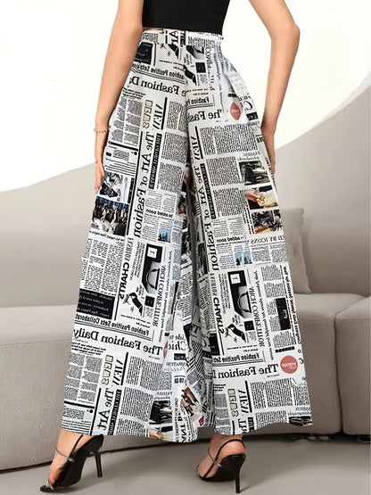 Women's Newspaper Print Wide Leg Pants Elastic Waist Loose Funky Letter Print Palazzo Pants