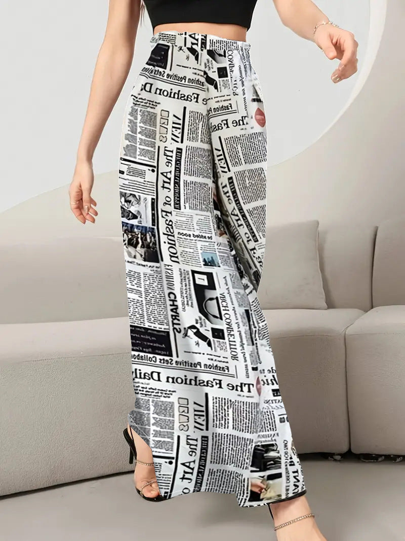 Women's Newspaper Print Wide Leg Pants Elastic Waist Loose Funky Letter Print Palazzo Pants - Seldom Seen Styles