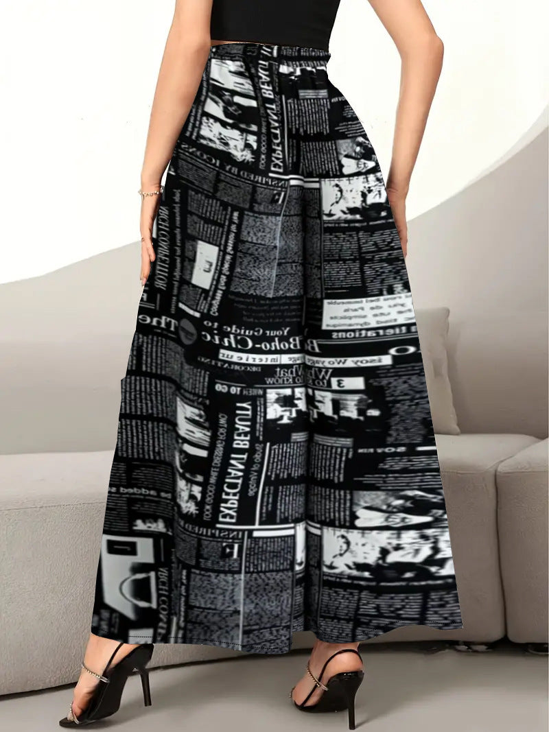 Women's Newspaper Print Wide Leg Pants Elastic Waist Loose Funky Letter Print Palazzo Pants - Seldom Seen Styles