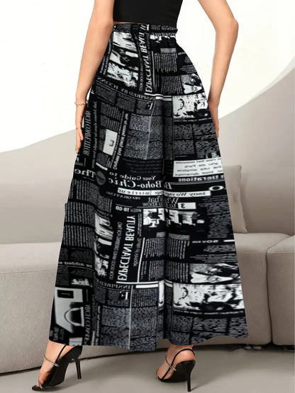 Women's Newspaper Print Wide Leg Pants Elastic Waist Loose Funky Letter Print Palazzo Pants
