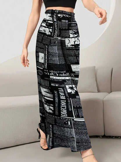 Women's Newspaper Print Wide Leg Pants Elastic Waist Loose Funky Letter Print Palazzo Pants