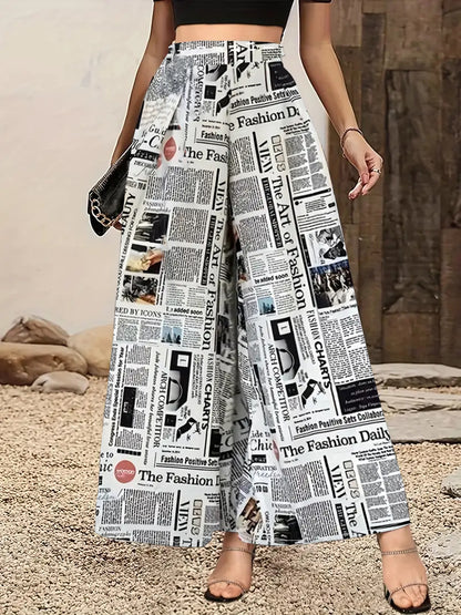 Women's Newspaper Print Wide Leg Pants Elastic Waist Loose Funky Letter Print Palazzo Pants