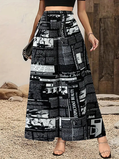 Women's Newspaper Print Wide Leg Pants Elastic Waist Loose Funky Letter Print Palazzo Pants