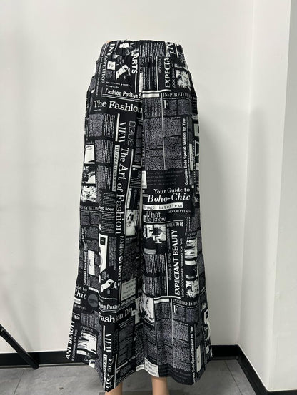 Women's Newspaper Print Wide Leg Pants Elastic Waist Loose Funky Letter Print Palazzo Pants