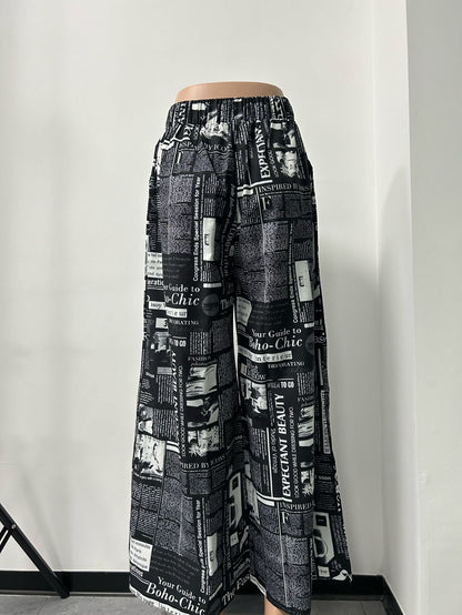 Women's Newspaper Print Wide Leg Pants Elastic Waist Loose Funky Letter Print Palazzo Pants
