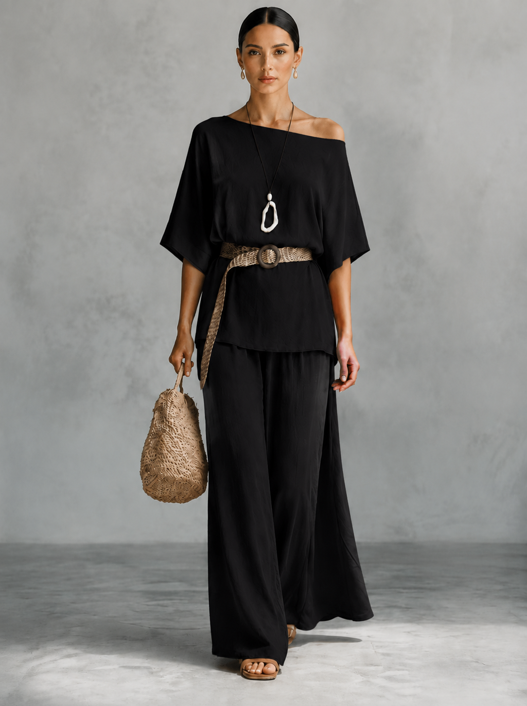 Women's Off-Shoulder Batwing Top Wide-Leg Pants Two-Piece Set with Belt Necklace Summer Vacation Casual Outfit - Seldom Seen Styles