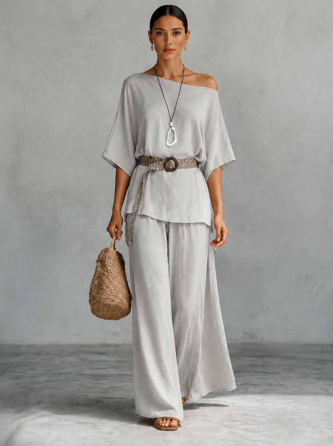 Women's Off-Shoulder Batwing Top Wide-Leg Pants Two-Piece Set with Belt Necklace Summer Vacation Casual Outfit - Seldom Seen Styles