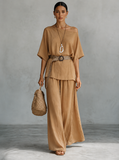 Women's Off-Shoulder Batwing Top Wide-Leg Pants Two-Piece Set with Belt Necklace Summer Vacation Casual Outfit