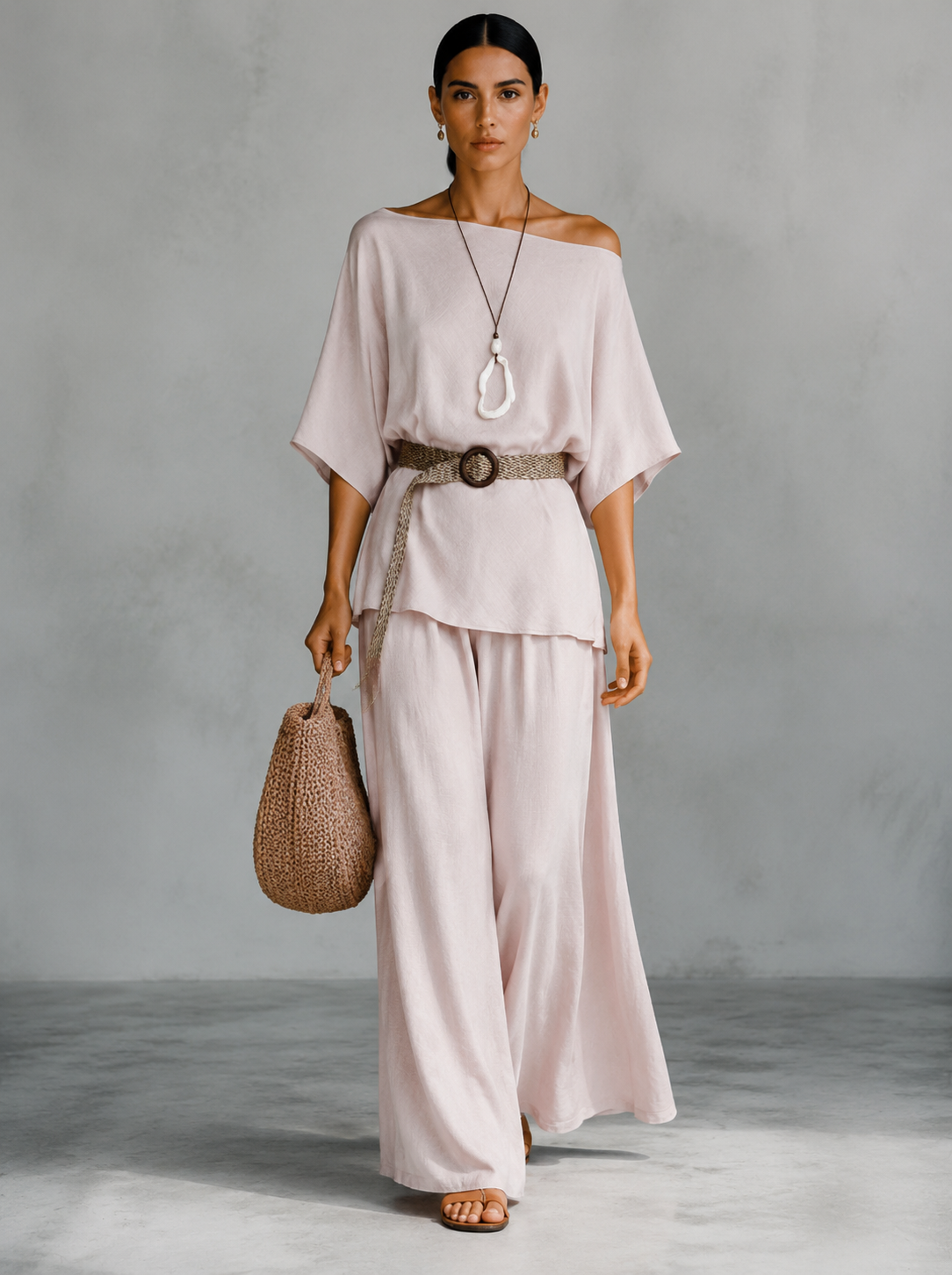 Women's Off-Shoulder Batwing Top Wide-Leg Pants Two-Piece Set with Belt Necklace Summer Vacation Casual Outfit - Seldom Seen Styles