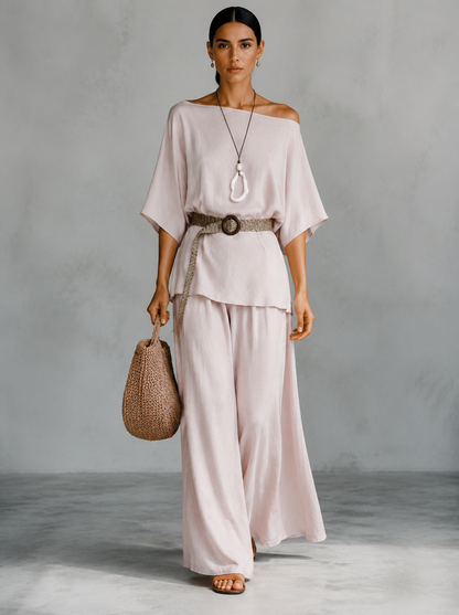 Women's Off-Shoulder Batwing Top Wide-Leg Pants Two-Piece Set with Belt Necklace Summer Vacation Casual Outfit