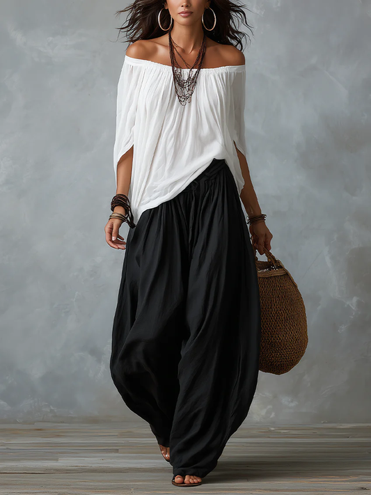 Women's Off Shoulder Crop Top Lantern Pants Set Puff Sleeve Elastic Waist Lightweight Summer Casual Vacation Two Piece Outfit - Seldom Seen Styles
