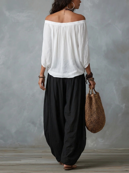 Women's Off Shoulder Crop Top Lantern Pants Set Puff Sleeve Elastic Waist Lightweight Summer Casual Vacation Two Piece Outfit
