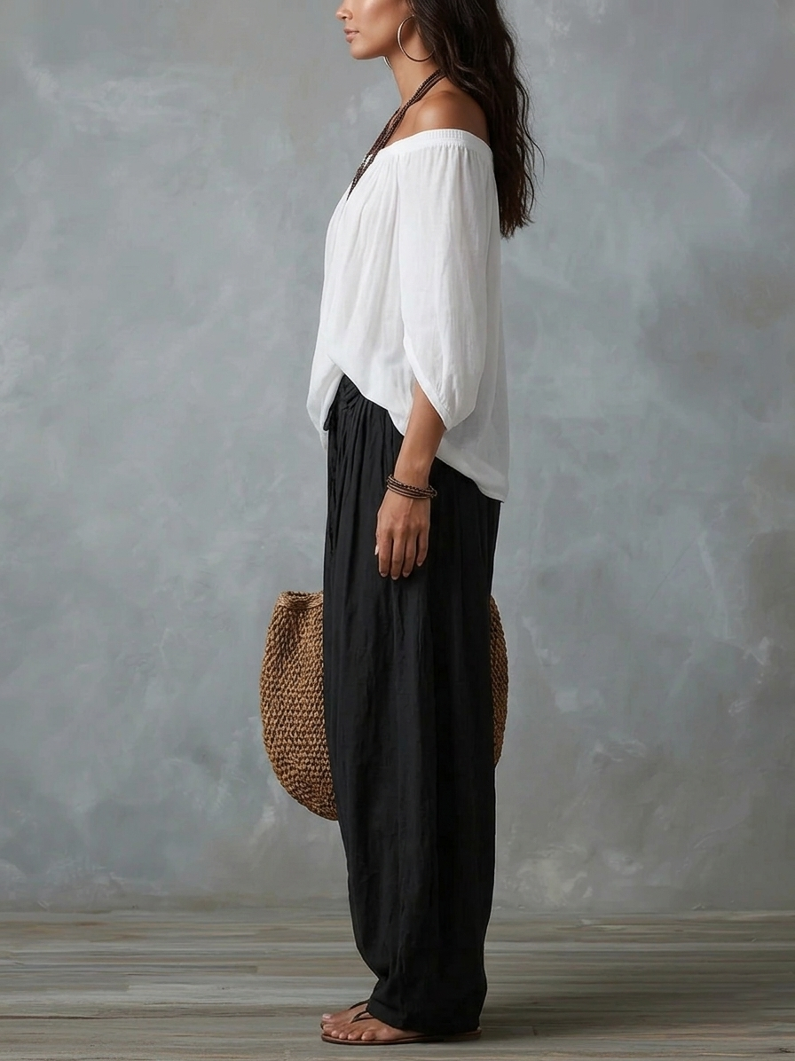 Women's Off Shoulder Crop Top Lantern Pants Set Puff Sleeve Elastic Waist Lightweight Summer Casual Vacation Two Piece Outfit - Seldom Seen Styles