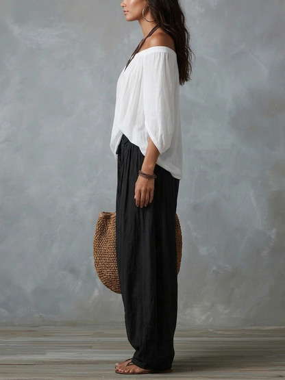 Women's Off Shoulder Crop Top Lantern Pants Set Puff Sleeve Elastic Waist Lightweight Summer Casual Vacation Two Piece Outfit