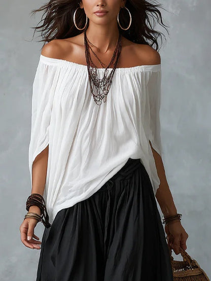 Women's Off Shoulder Crop Top Lantern Pants Set Puff Sleeve Elastic Waist Lightweight Summer Casual Vacation Two Piece Outfit