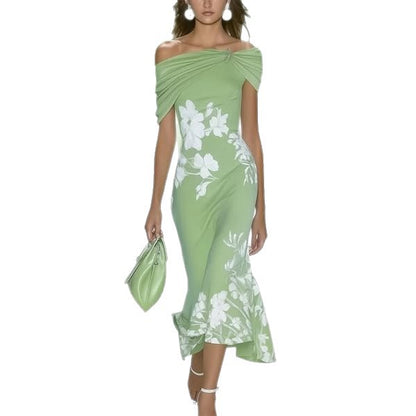 Women's Off Shoulder Floral Midi Dress Elegant Bodycon Cocktail Dress Summer Wedding Guest Party Dress