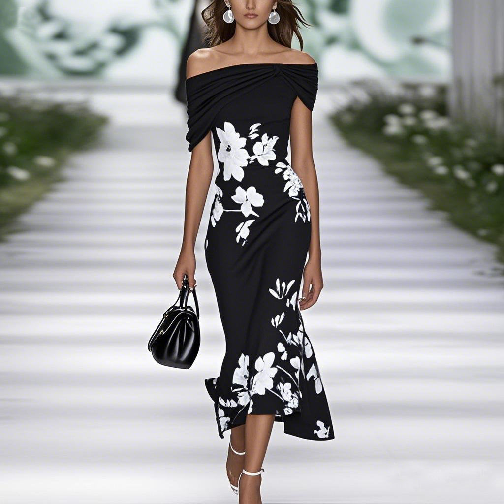 Women's Off Shoulder Floral Midi Dress Elegant Bodycon Cocktail Dress Summer Wedding Guest Party Dress - Seldom Seen Styles