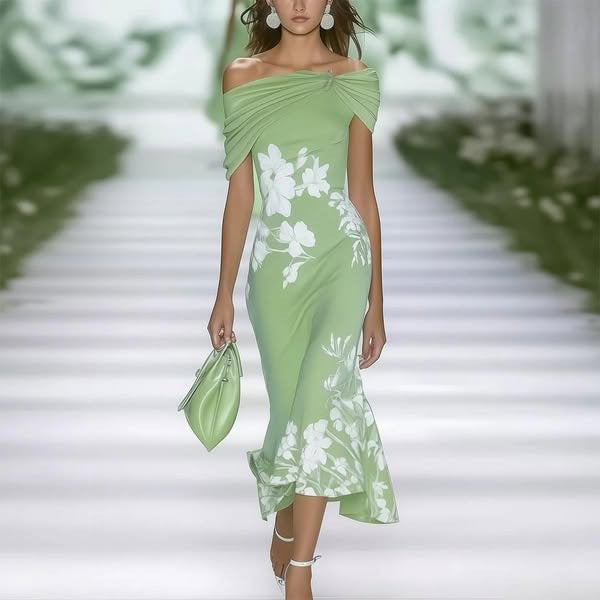 Women's Off Shoulder Floral Midi Dress Elegant Bodycon Cocktail Dress Summer Wedding Guest Party Dress - Seldom Seen Styles