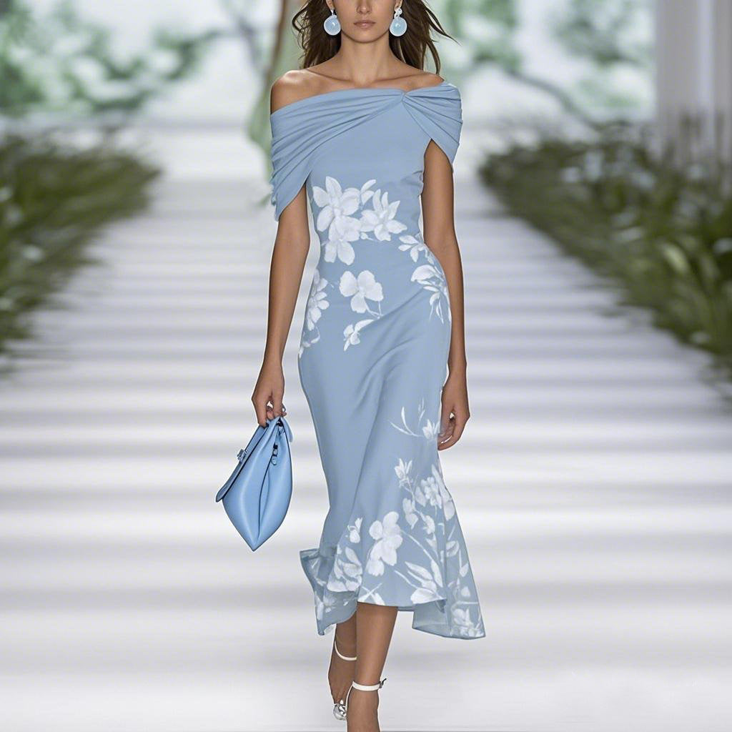Women's Off Shoulder Floral Midi Dress Elegant Bodycon Cocktail Dress Summer Wedding Guest Party Dress - Seldom Seen Styles