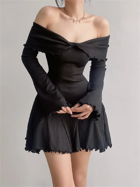 Women's Off Shoulder Knit Mini Dress Ribbed Long Sleeve Slim Fit Sweater Dress - Seldom Seen Styles