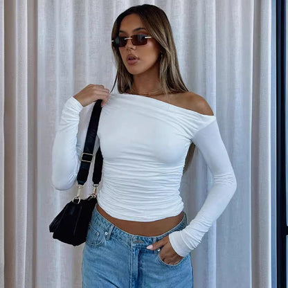 Women's Off Shoulder Long Sleeve Crop Top Ruched Slim Fit Going Out Top Y2K One Shoulder Shirt