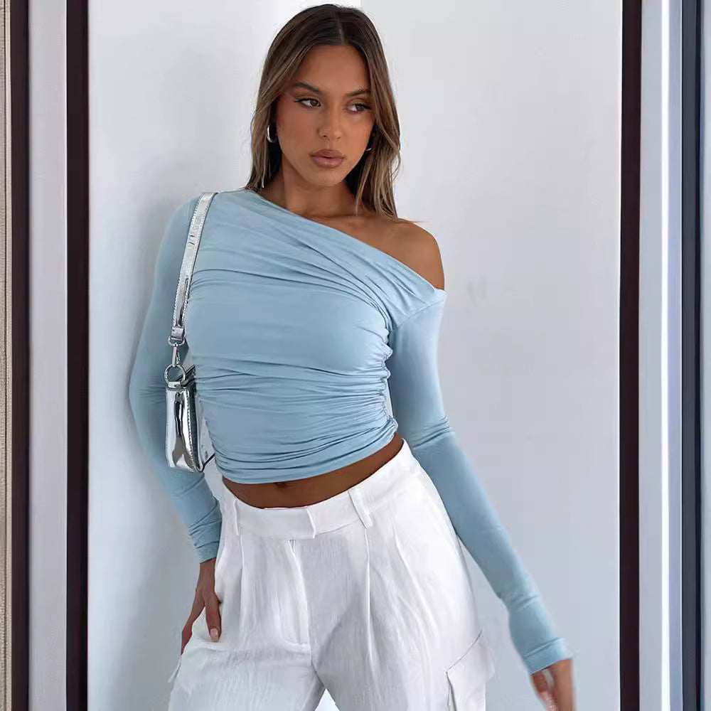 Women's Off Shoulder Long Sleeve Crop Top Ruched Slim Fit Going Out Top Y2K One Shoulder Shirt