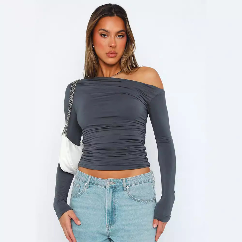 Women's Off Shoulder Long Sleeve Crop Top Ruched Slim Fit Going Out Top Y2K One Shoulder Shirt