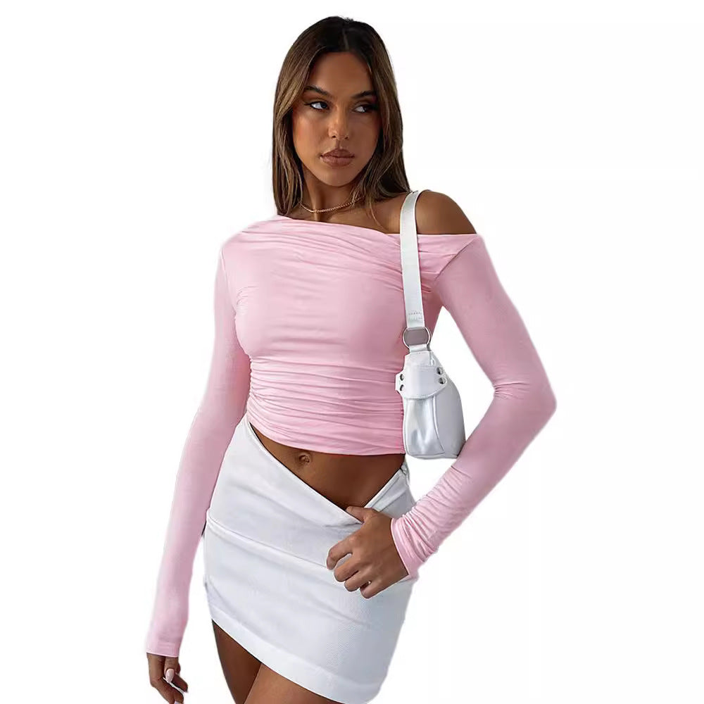 Women's Off Shoulder Long Sleeve Crop Top Ruched Slim Fit Going Out Top Y2K One Shoulder Shirt