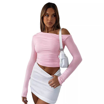 Women's Off Shoulder Long Sleeve Crop Top Ruched Slim Fit Going Out Top Y2K One Shoulder Shirt