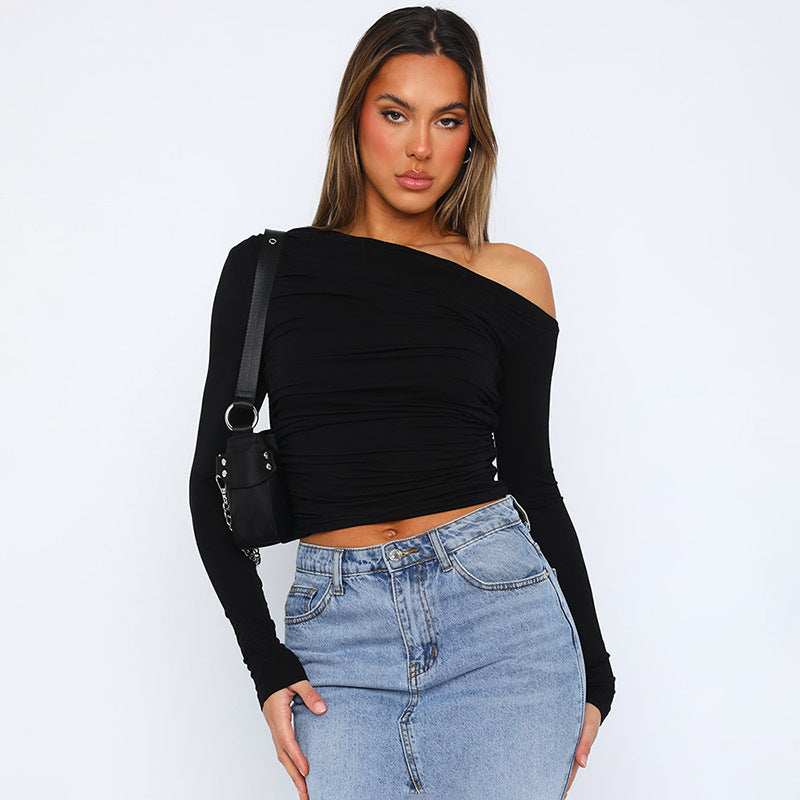 Women's Off Shoulder Long Sleeve Crop Top Ruched Slim Fit Going Out Top Y2K One Shoulder Shirt