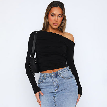 Women's Off Shoulder Long Sleeve Crop Top Ruched Slim Fit Going Out Top Y2K One Shoulder Shirt
