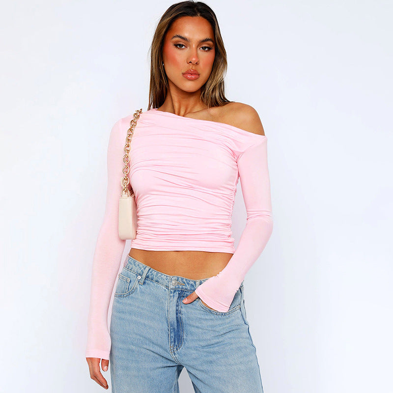 Women's Off Shoulder Long Sleeve Crop Top Ruched Slim Fit Going Out Top Y2K One Shoulder Shirt