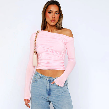 Women's Off Shoulder Long Sleeve Crop Top Ruched Slim Fit Going Out Top Y2K One Shoulder Shirt