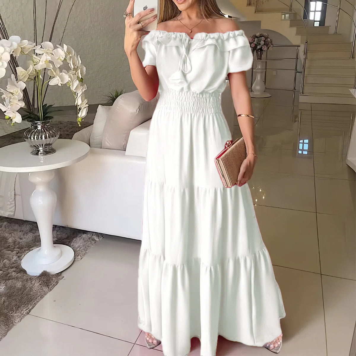 Women's Off Shoulder Maxi Dress Ruffle Sleeve Flowy Summer Party Dress - Seldom Seen Styles