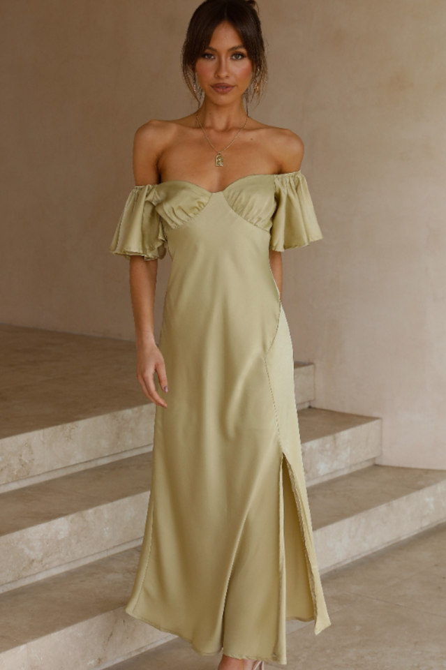 Women's Off Shoulder Midi Dress Butterfly Ruffle Sleeves Pleated Bust Side Slit Floaty Polyester Dress for Wedding Guest Party Brunch - Seldom Seen Styles