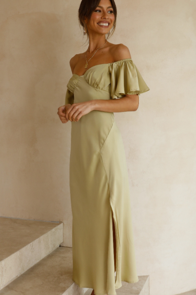 Women's Off Shoulder Midi Dress Butterfly Ruffle Sleeves Pleated Bust Side Slit Floaty Polyester Dress for Wedding Guest Party Brunch - Seldom Seen Styles