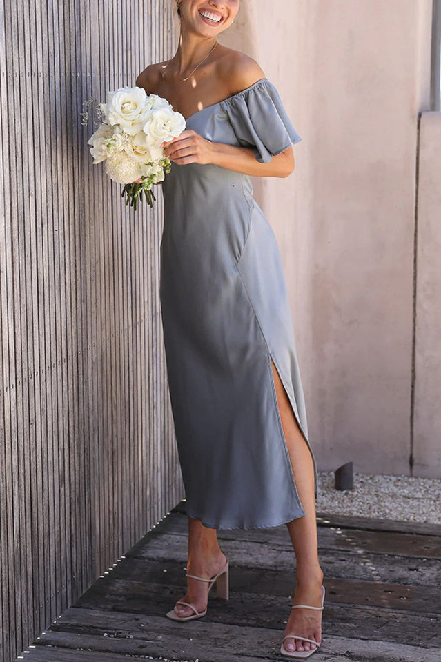 Women's Off Shoulder Midi Dress Butterfly Ruffle Sleeves Pleated Bust Side Slit Floaty Polyester Dress for Wedding Guest Party Brunch - Seldom Seen Styles