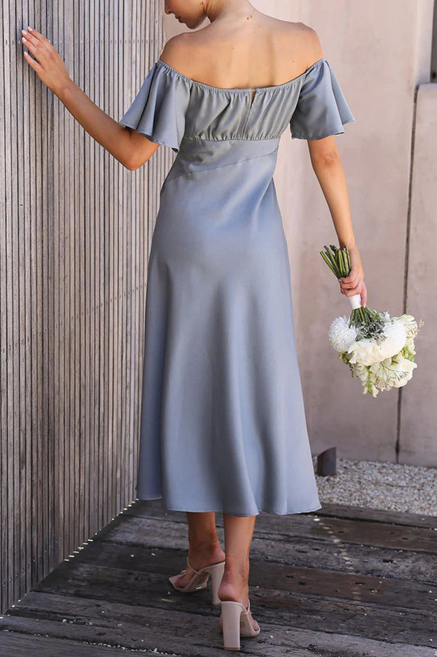 Women's Off Shoulder Midi Dress Butterfly Ruffle Sleeves Pleated Bust Side Slit Floaty Polyester Dress for Wedding Guest Party Brunch - Seldom Seen Styles